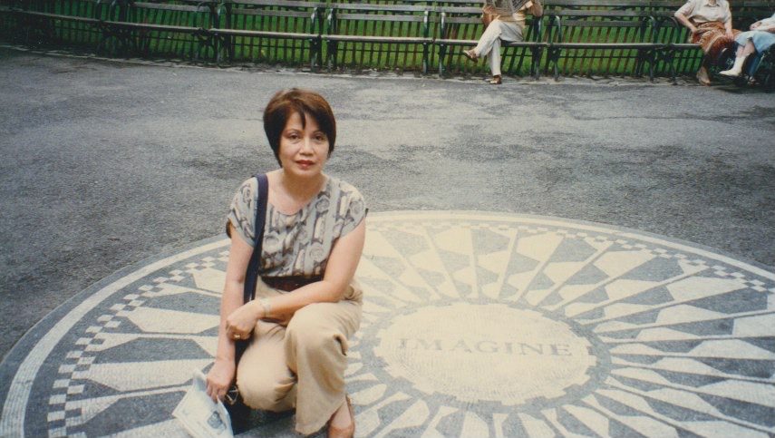 Connie at the Imagine mosaic, Strawberry Fields, New York