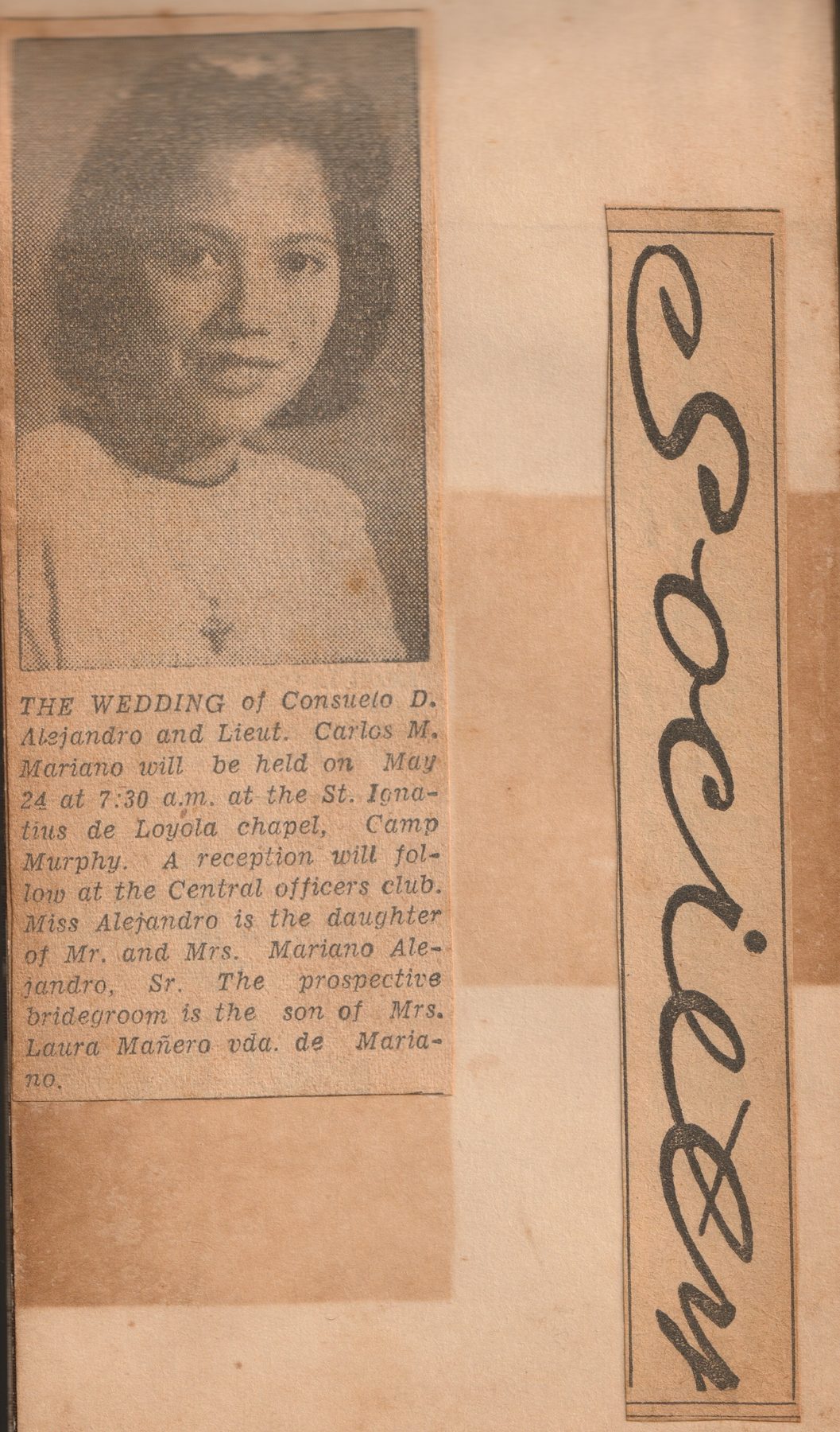 Newspaper announcement of the wedding of Consuelo D. Alejandro and Lieut. Carlos M. Mariano